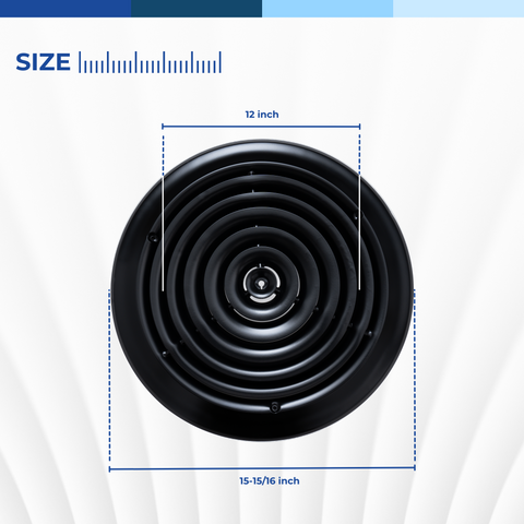 Handua 12" [Neck Size] Steel Round Air Supply Diffuser for Ceiling - Black - Outer Dimension: 15-15/16"