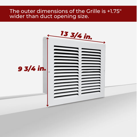 12"W x 8"H [Duct Opening] Baseboard Return Air Grille | 7/8" Margin Turnback to Fit Baseboard | White | Outer Dimensions: 13.75"W X 9.75"H