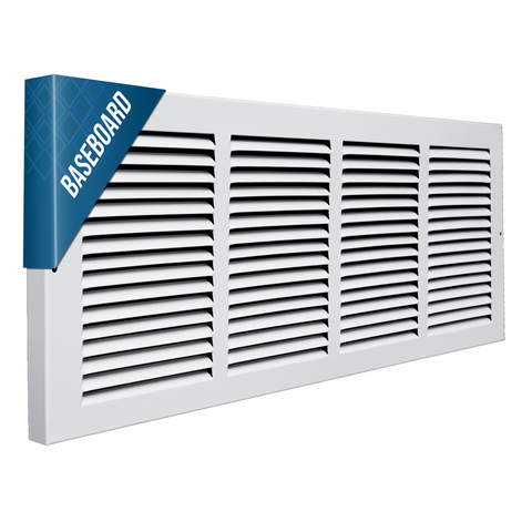 24"W x 8"H [Duct Opening] Baseboard Return Air Grille | 7/8" Margin Turnback to Fit Baseboard | White | Outer Dimensions: 25.75"W X 9.75"H