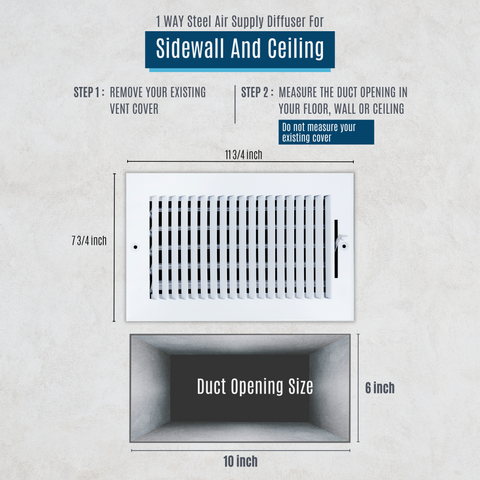 10 X 6 Duct Opening | 1 WAY Steel Air Supply Diffuser for Sidewall and Ceiling