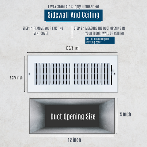 12 X 4 Duct Opening | 2 WAY Steel Air Supply Diffuser for Sidewall and Ceiling