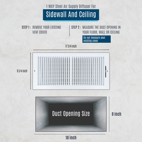 18 X 8 Duct Opening | 2 WAY Steel Air Supply Diffuser for Sidewall and Ceiling