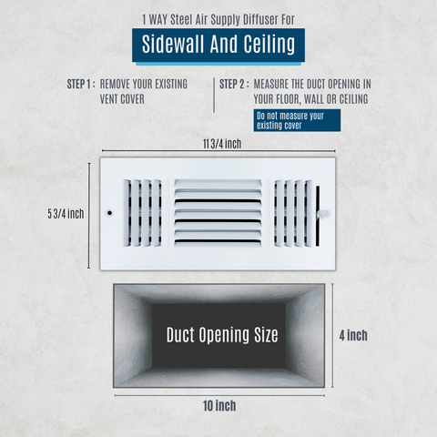 10 X 4 Duct Opening | 3 WAY Steel Air Supply Diffuser for Sidewall and Ceiling
