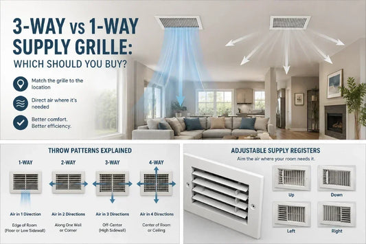 3-way vs 1-way supply grille comparison showing different HVAC airflow directions in a modern room