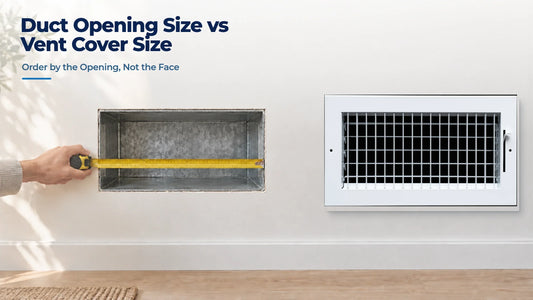 Hand measuring a bare 12 x 6 inch duct opening beside a white steel supply register with a larger face