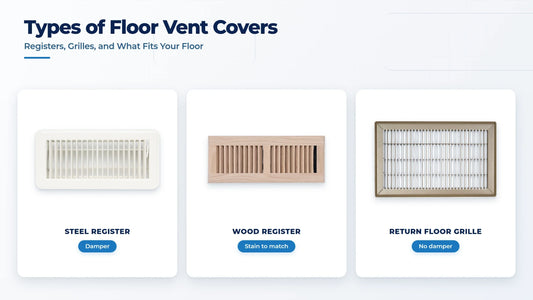 White steel floor register, oak wood register, and brown heavy-duty return floor grille side by side