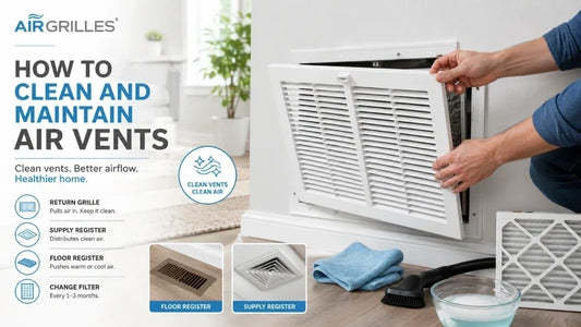 Removing a white return air grille from the wall for cleaning, with a microfiber cloth, vacuum attachment and replacement air filter.