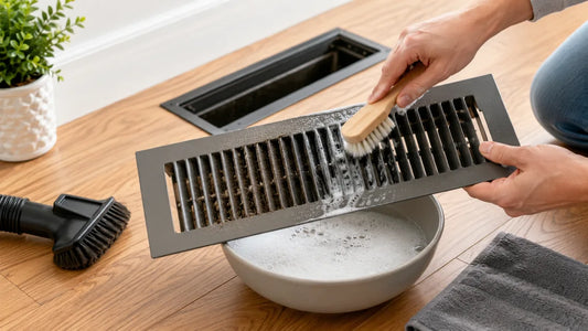Person cleaning a steel floor register with warm soapy water beside an open floor vent.