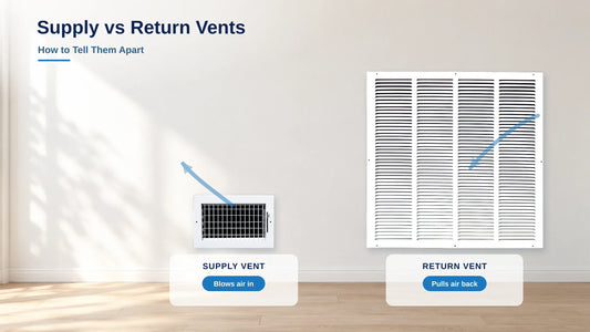 Small white supply register and large white return grille mounted side by side on a wall