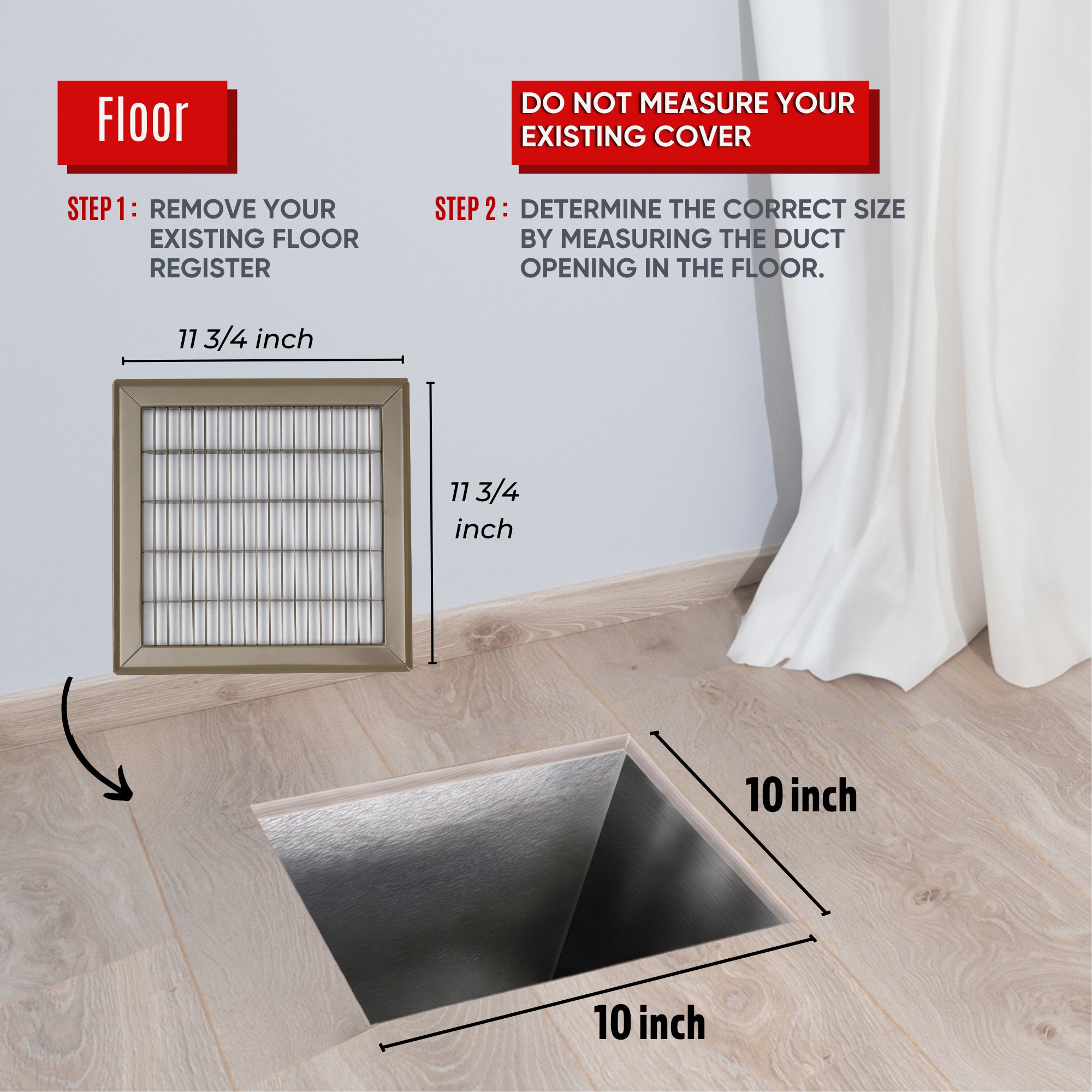 10 x 10-inch Brown Steel heavy duty return floor register, dimensions