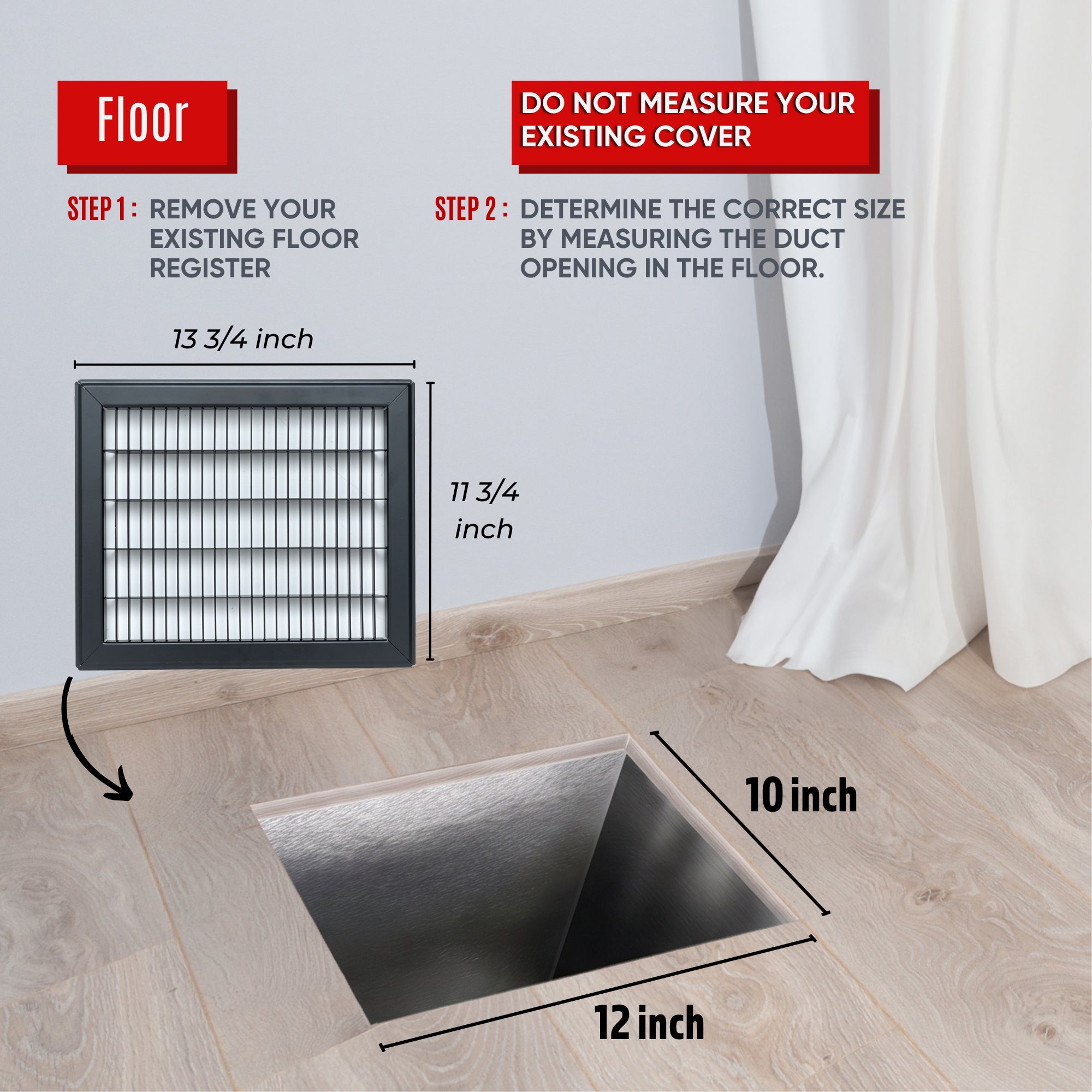 10 x 12-inch Black Steel heavy duty return floor register, dimensions