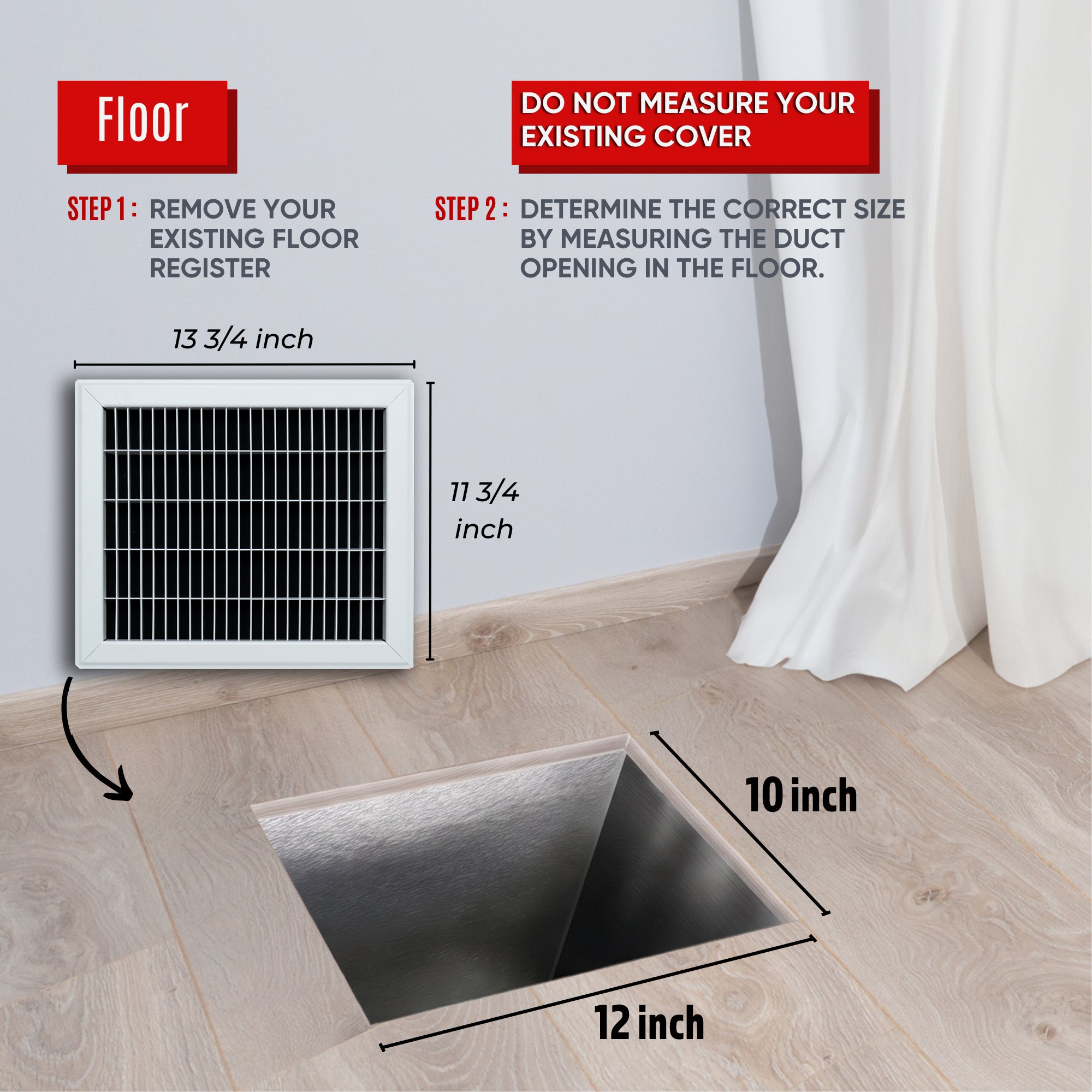 10 x 12-inch White Steel heavy duty return floor register, dimensions