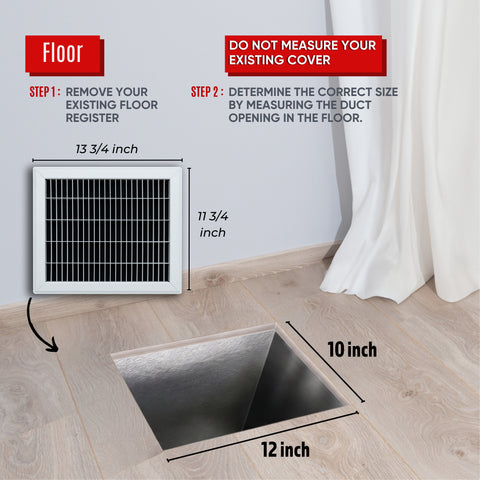10 x 12-inch White Steel heavy duty return floor register, dimensions