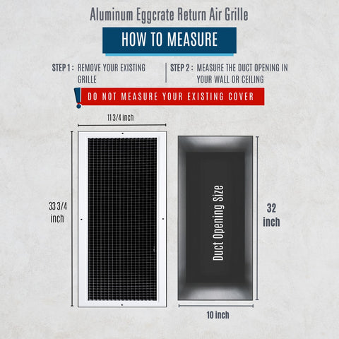 10" x 32" [Duct Opening] Aluminum Return Air Grille | Rust Proof Eggcrate Vent Cover Grill for Sidewall and Ceiling, White | Outer Dimensions: 11.75" X 33.75"