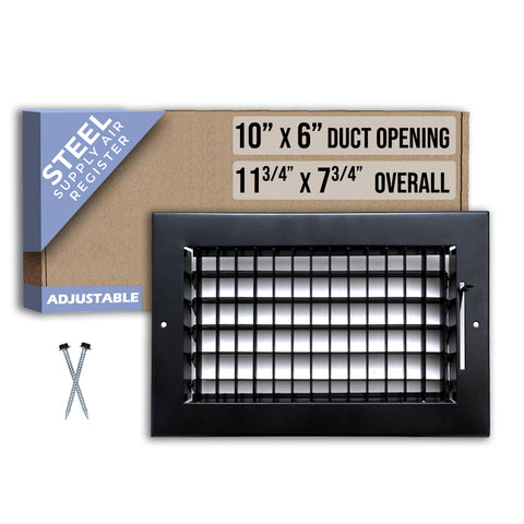10"W x 6"H Steel Adjustable Air Supply Grille | Register Vent Cover Grill for Sidewall and Ceiling | Black | Outer Dimensions: 11.75"W X 7.75"H for 10x6 Duct Opening