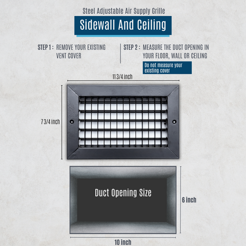 10"W x 6"H Steel Adjustable Air Supply Grille | Register Vent Cover Grill for Sidewall and Ceiling | Black | Outer Dimensions: 11.75"W X 7.75"H for 10x6 Duct Opening