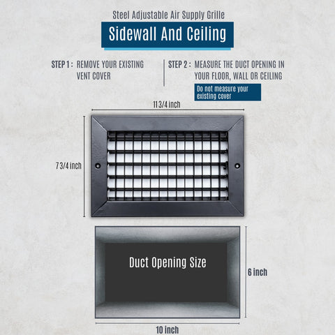 10x6 Steel Adjustable Air Vent Cover | Supply Register for Wall & Ceiling | Black | Outer Dimension: 11-3/4"W X 7-3/4"H