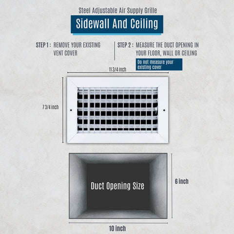 10x6 Steel Adjustable Air Vent Cover | Supply Register for Wall & Ceiling | White | Outer Dimension: 11-3/4"W X 7-3/4"H