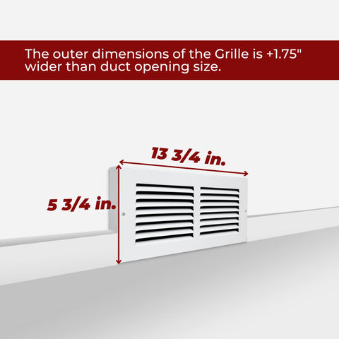 12"W x 4"H [Duct Opening] Baseboard Return Air Grille | 7/8" Margin Turnback to Fit Baseboard | White | Outer Dimensions: 13.75"W X 5.75"H