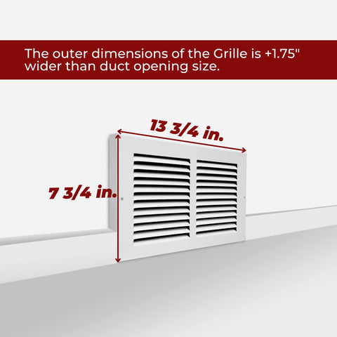 12"W x 6"H [Duct Opening] Baseboard Return Air Grille | 7/8" Margin Turnback to Fit Baseboard | White | Outer Dimensions: 13.75"W X 7.75"H