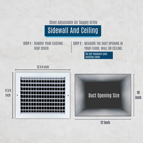 12x10 Steel Adjustable Air Vent Cover | Supply Register for Wall & Ceiling | White | Outer Dimension: 13-3/4"W X 11-3/4"H