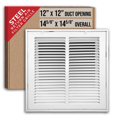 12"x12" Steel Return Air Filter Grille | Removable Door for 1" Filters | White HVAC Vent Cover | Out. Dim.: 14-5/8"W X 14-5/8"H