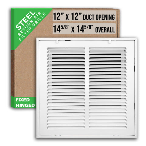 12" X 12" Duct Opening | Steel Return Air Filter Grille [Fixed Hinged] for Sidewall and Ceiling | Outer Dimensions: 14 5/8"W X 14 5/8"H