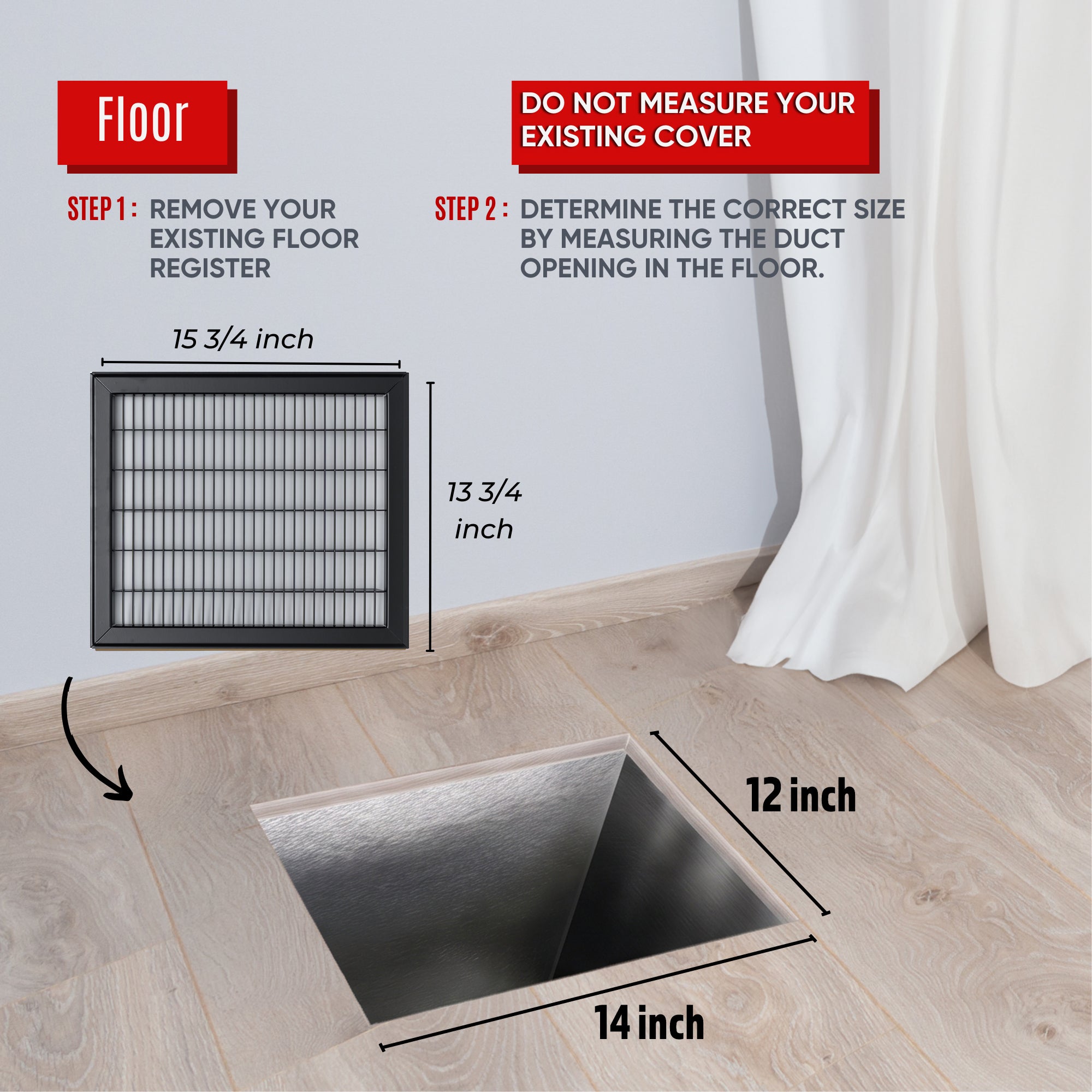 12 x 14-inch Black Steel heavy duty return floor register, dimensions