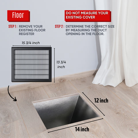 12 x 14-inch Black Steel heavy duty return floor register, dimensions