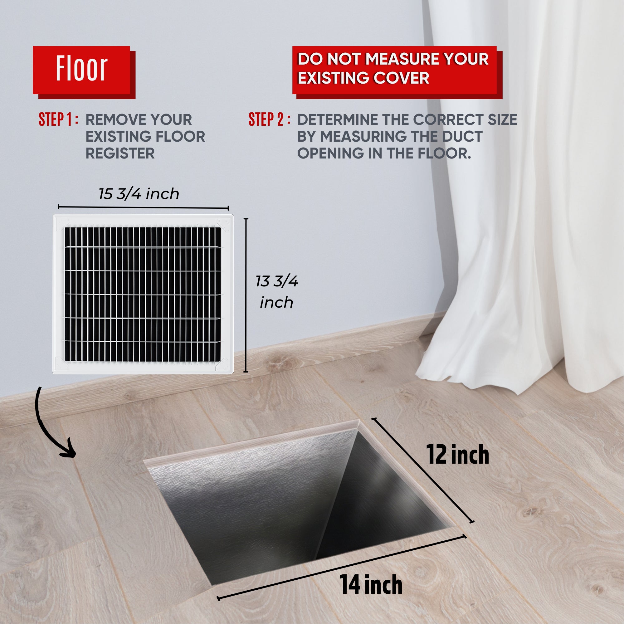 12 x 14-inch White Steel heavy duty return floor register, dimensions