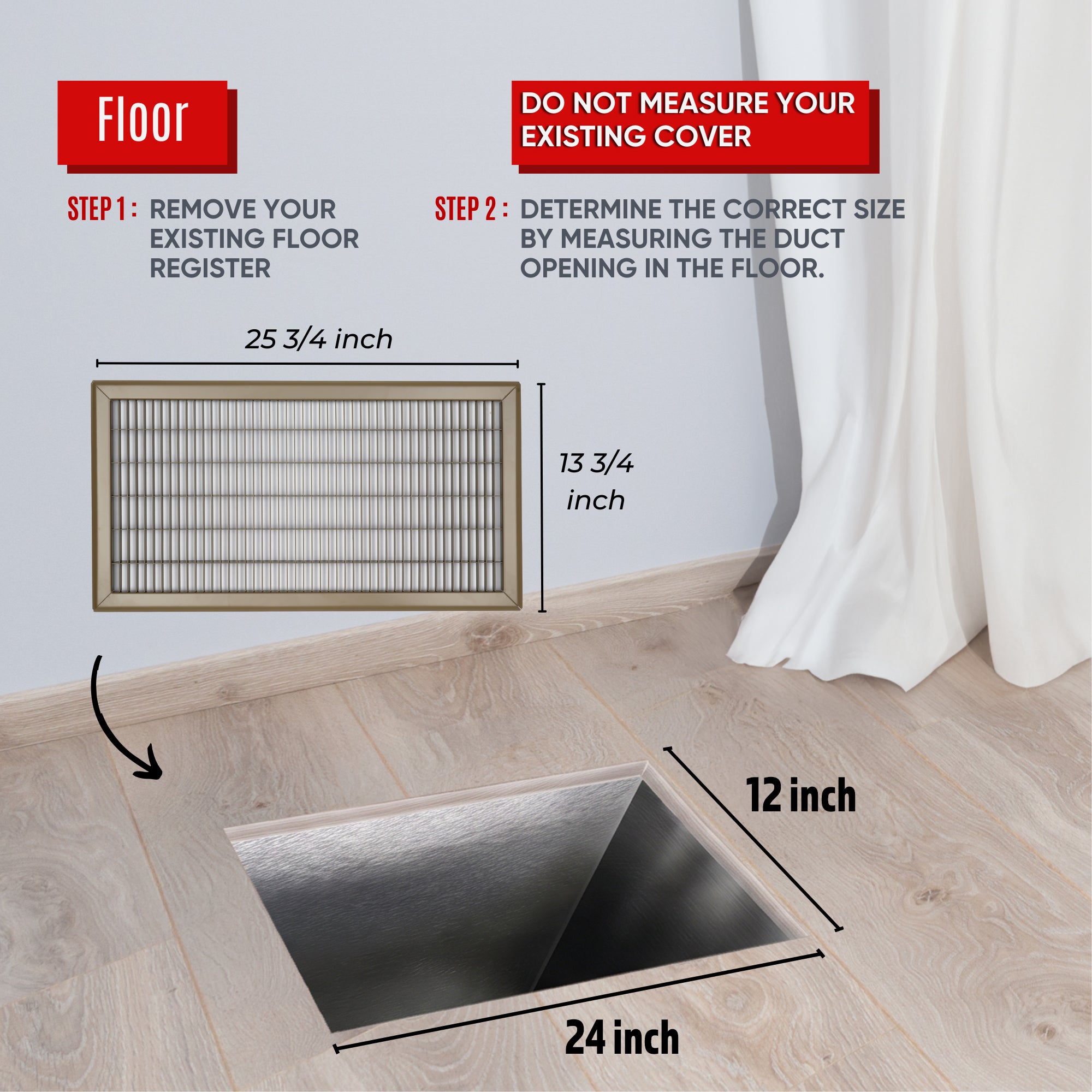 12 x 24-inch Brown Steel heavy duty return floor register, dimensions