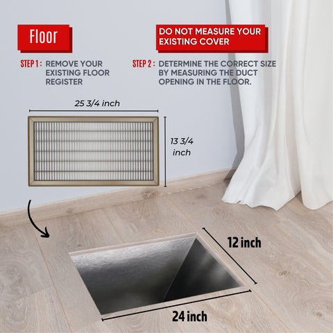 12 x 24-inch Brown Steel heavy duty return floor register, dimensions