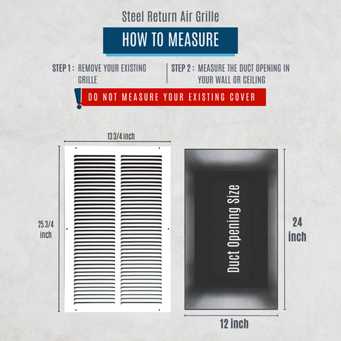 12" X 24" Duct Opening | Steel Return Air Grille for Sidewall and Ceiling | Outer Dimensions: 13.75"W X 25.75"H
