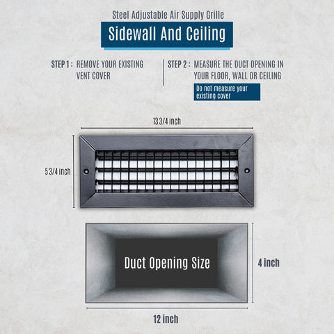 12x4 Steel Adjustable Air Vent Cover | Supply Register for Wall & Ceiling | Black | Outer Dimension: 13-3/4"W X 5-3/4"H
