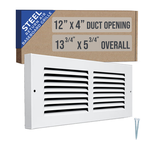 12"W x 4"H [Duct Opening] Baseboard Return Air Grille | 7/8" Margin Turnback to Fit Baseboard | White | Outer Dimensions: 13.75"W X 5.75"H