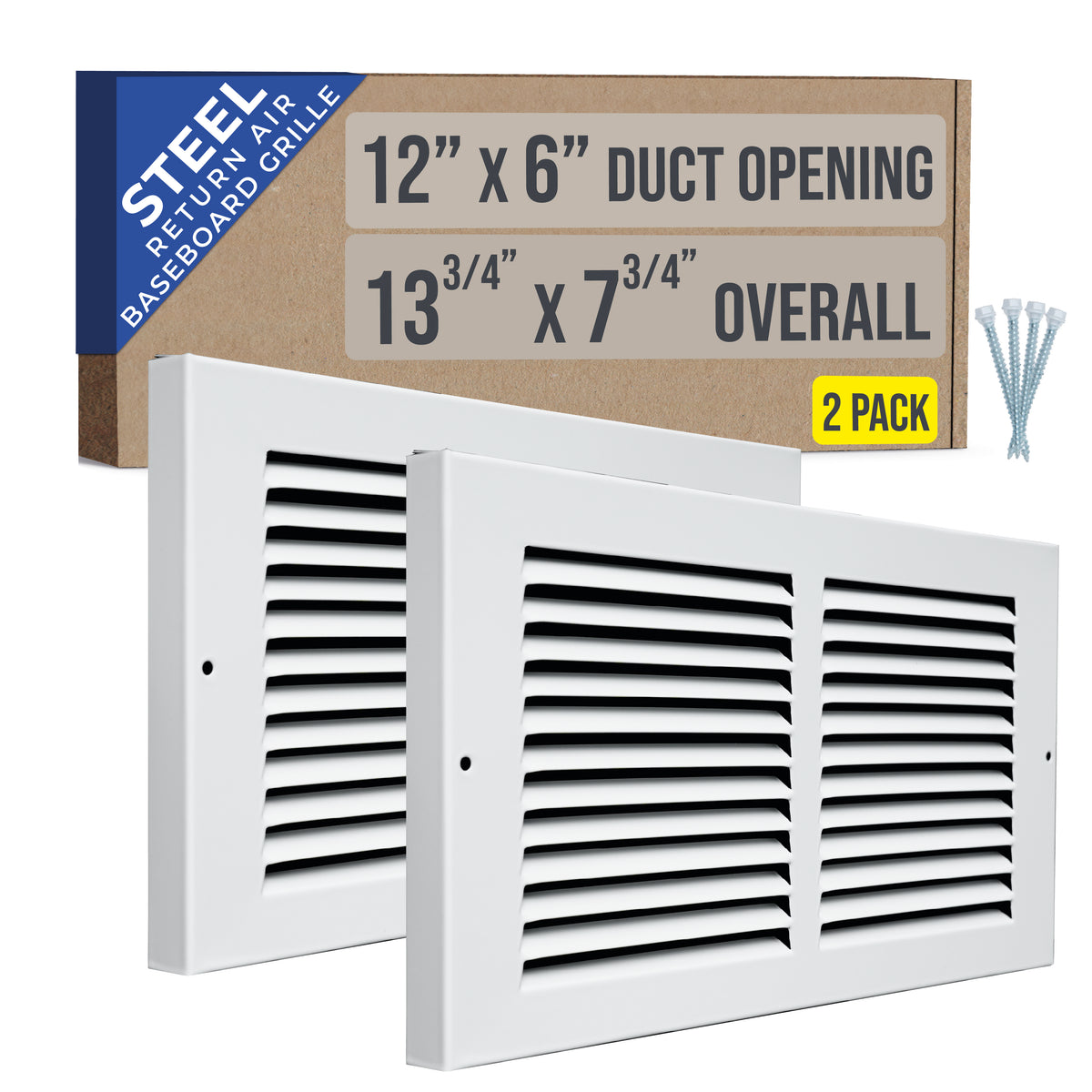 [2 Pack] 12"W x 6"H [Duct Opening] Baseboard Return Air Grille | 7/8" Margin Turnback to Fit Baseboard | White | Outer Dimensions: 13.75"W X 7.75"H