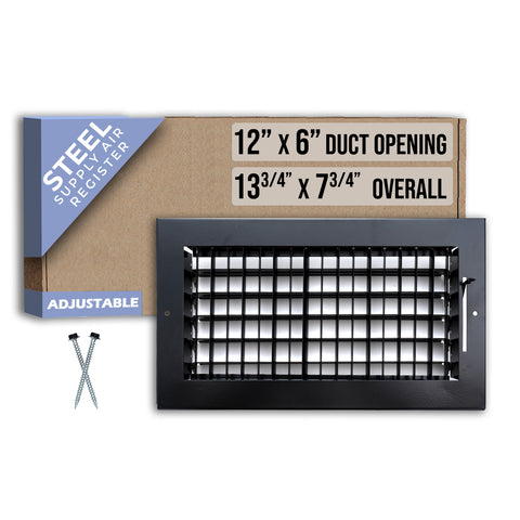 12"W x 6"H  Steel Adjustable Air Supply Grille | Register Vent Cover Grill for Sidewall and Ceiling | Black | Outer Dimensions: 13.75"W X 7.75"H for 12x6 Duct Opening