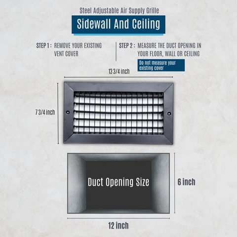 12"W x 6"H  Steel Adjustable Air Supply Grille | Register Vent Cover Grill for Sidewall and Ceiling | Black | Outer Dimensions: 13.75"W X 7.75"H for 12x6 Duct Opening