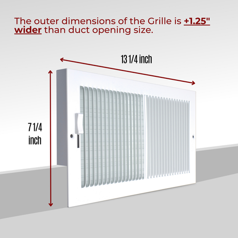 12"x6" Steel Baseboard Air Supply Grille with Multi-Shutter Damper | White | Outer Dimension: 13-1/4"W X 7-1/4"H