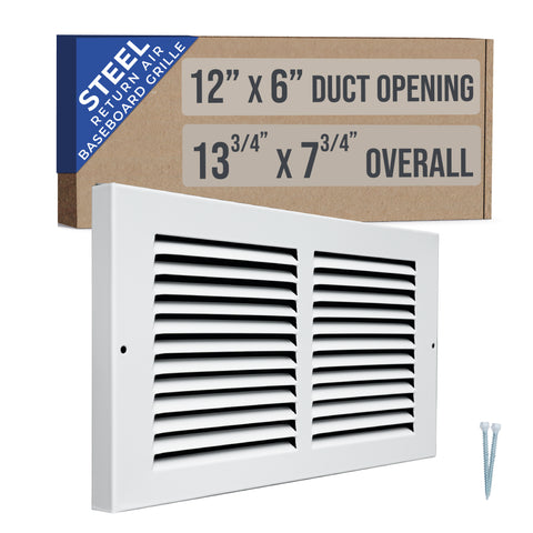 12"W x 6"H [Duct Opening] Baseboard Return Air Grille | 7/8" Margin Turnback to Fit Baseboard | White | Outer Dimensions: 13.75"W X 7.75"H