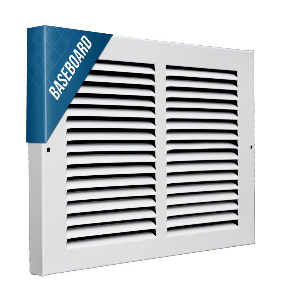 12"W x 8"H [Duct Opening] Baseboard Return Air Grille | 7/8" Margin Turnback to Fit Baseboard | White | Outer Dimensions: 13.75"W X 9.75"H