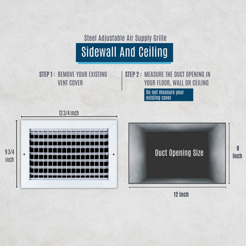 12x8 Steel Adjustable Air Vent Cover | Supply Register for Wall & Ceiling | White | Outer Dimension: 13-3/4"W X 9-3/4"H