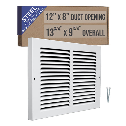 12"W x 8"H [Duct Opening] Baseboard Return Air Grille | 7/8" Margin Turnback to Fit Baseboard | White | Outer Dimensions: 13.75"W X 9.75"H