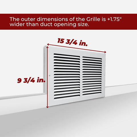 14"x8" Steel Baseboard Return Air Grille | White | Outer Dimension: 15-3/4"W X 9-3/4"H