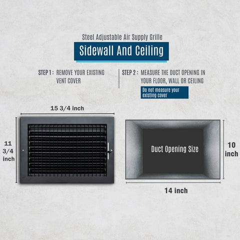 14x10 Steel Adjustable Air Vent Cover | Supply Register for Wall & Ceiling | Black | Outer Dimension: 15-3/4"W X 11-3/4"H