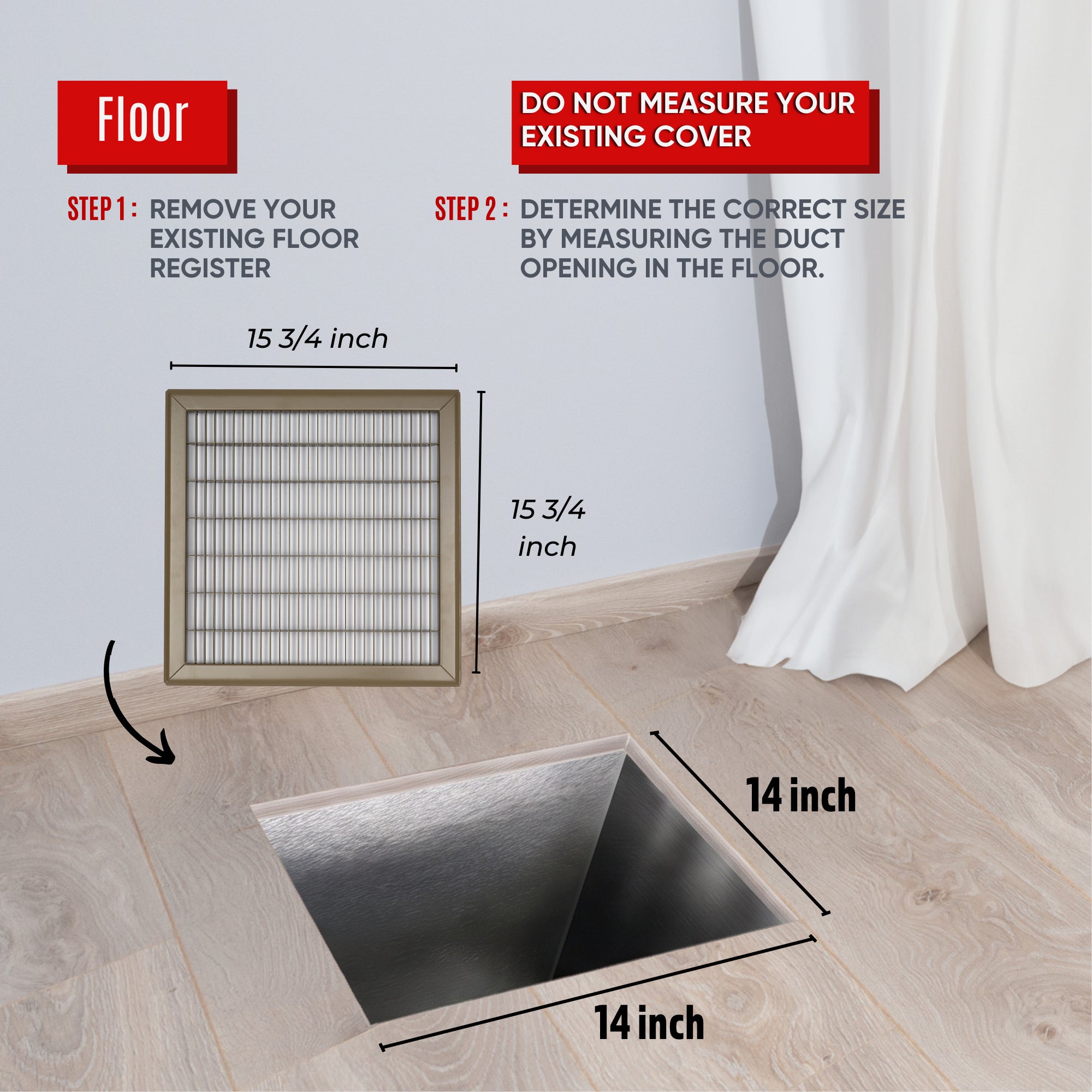 14 x 14-inch Brown Steel heavy duty return floor register, dimensions