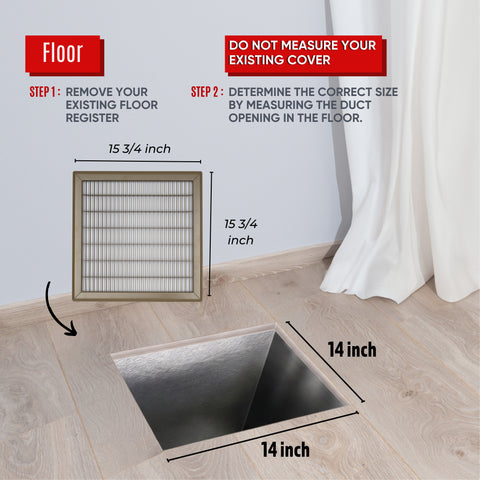 14 x 14-inch Brown Steel heavy duty return floor register, dimensions