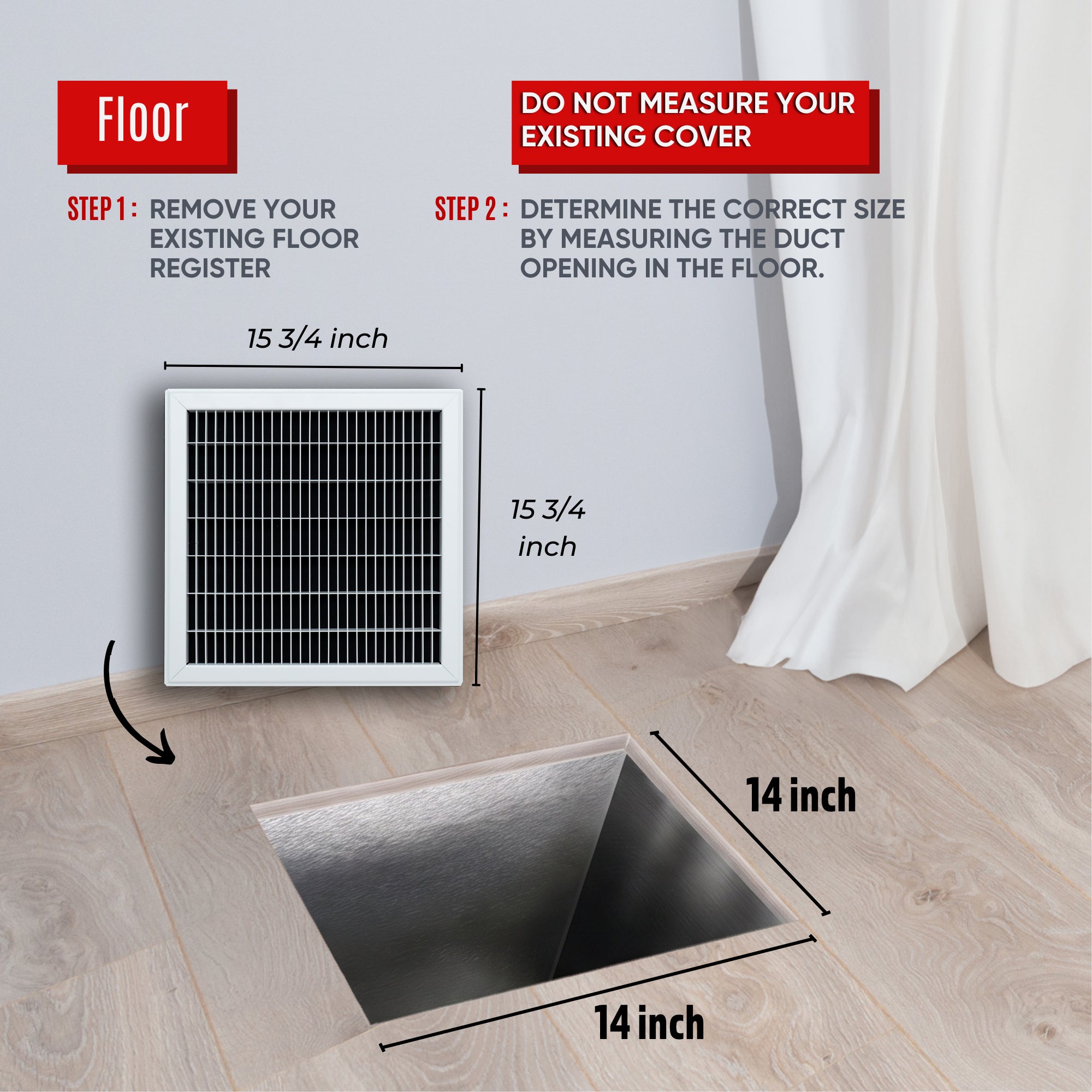 14 x 14-inch White Steel heavy duty return floor register, dimensions