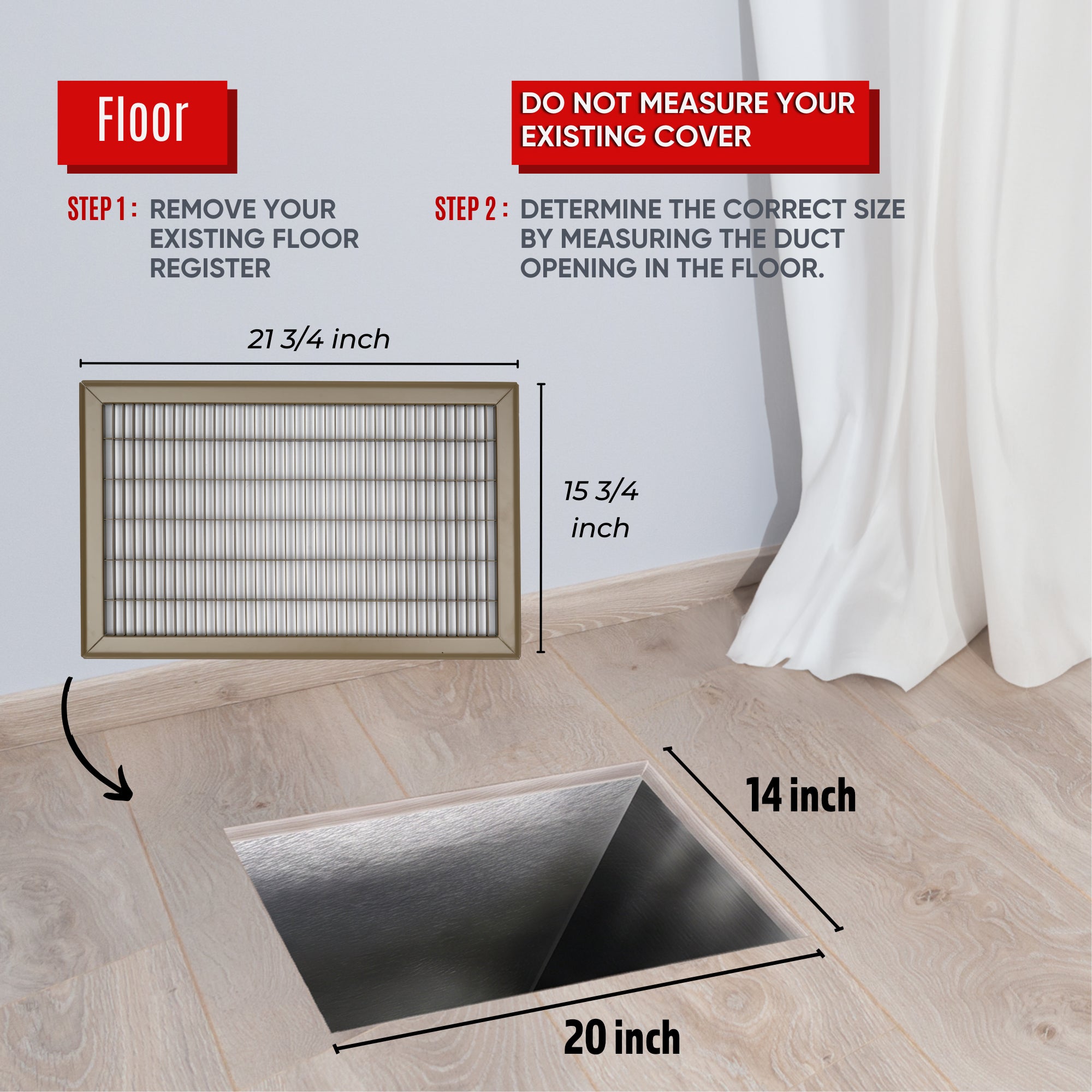 14 x 20-inch Brown Steel heavy duty return floor register, dimensions