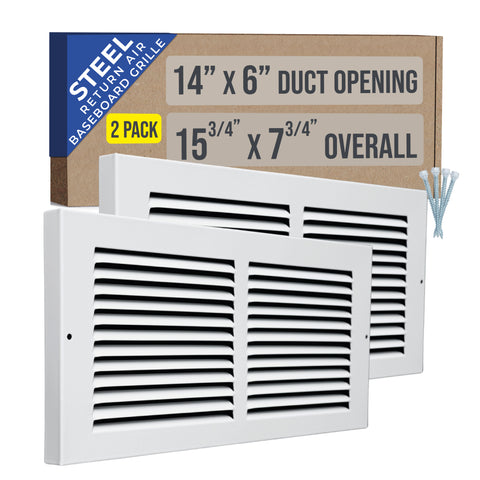 [2 Pack] 14"W x 6"H [Duct Opening] Baseboard Return Air Grille | 7/8" Margin Turnback to Fit Baseboard | White | Outer Dimensions: 15.75"W X 7.75"H